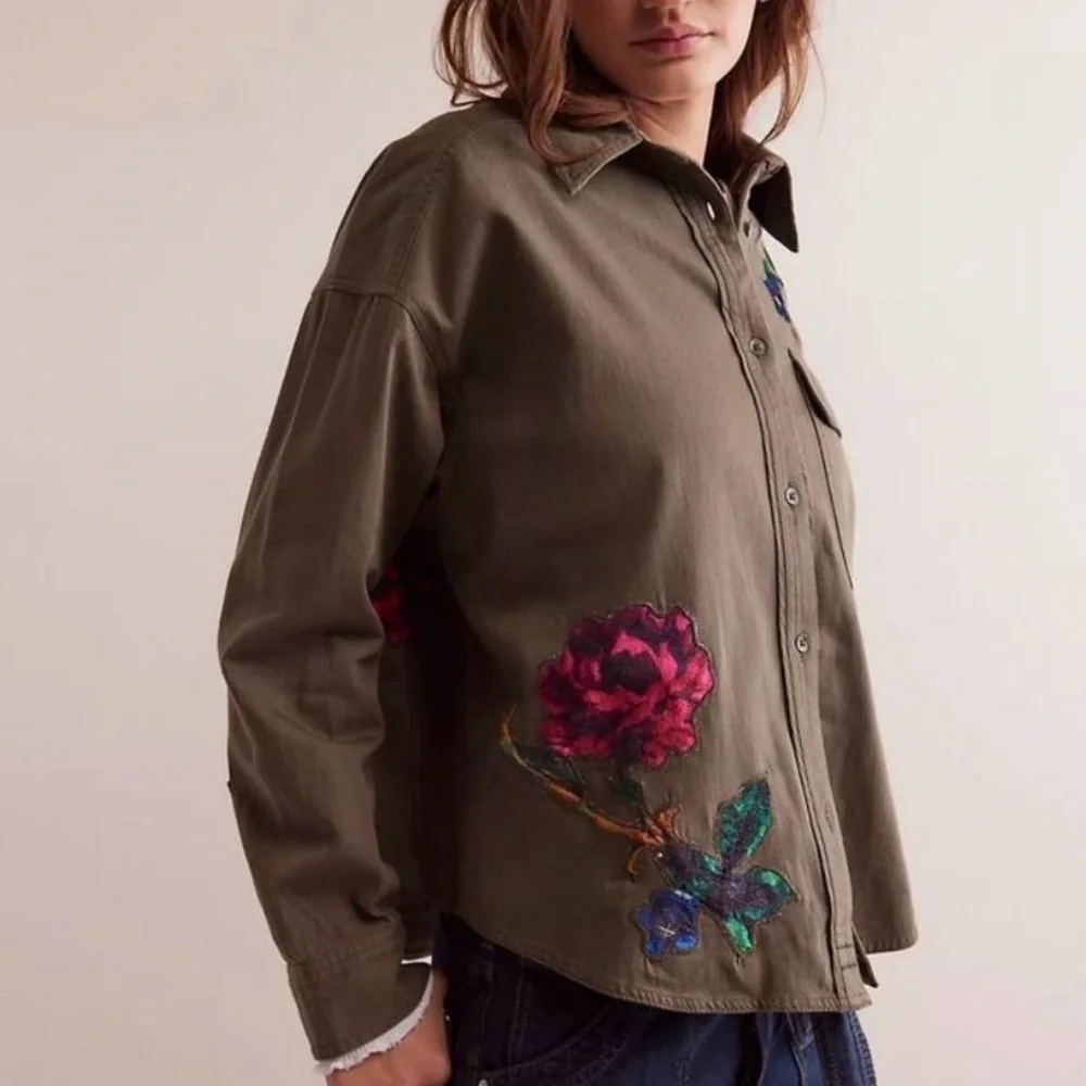 Free People We The Free Velvet Rose Embroidered Utility Jacket Shacket NWT L - Picture 2 of 12